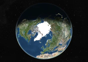 Globus zentriert auf den Nordpol, Satellitenbild in Echtfarben